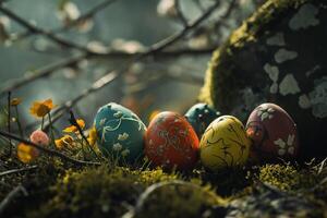 AI generated Colored Easter eggs lie on the grass photo