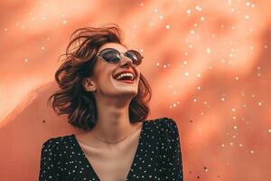 AI generated 30-40 years old woman laughing on sparkle peach background photo