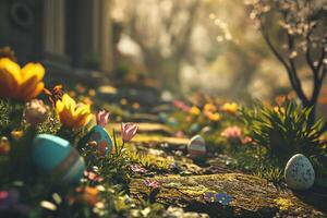 AI generated Colored Easter eggs lie on the grass photo