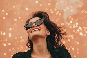 AI generated 30-40 years old woman laughing on sparkle peach background photo