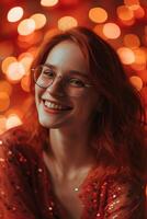 AI generated Red-haired young girl in red trendy fashionable glasses on the sparkle peach background photo