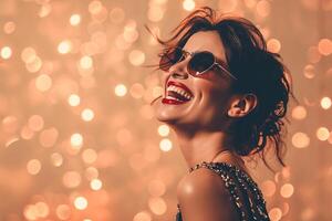 AI generated 30-40 years old woman laughing on sparkle peach background photo