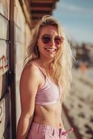 ai generado joven contento rubia mujer en rosado ropa en el playa en calentar países foto