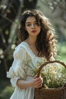 AI generated A beautiful young brunette woman in a white dress holds a basket of flowers photo