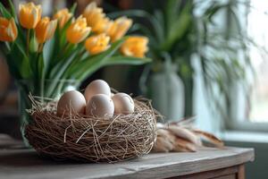 AI generated Easter festive spring table setting decoration, eggs in nest, fresh yellow tulips in vase, marshmallows, feathers, family dinner or breakfast concept photo