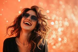 AI generated 30-40 years old woman laughing on sparkle peach background photo