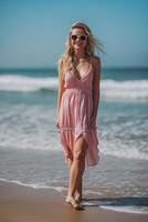 AI generated Young happy blonde woman in pink clothes on the beach in warm countries photo