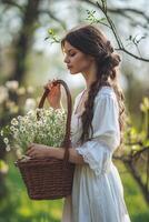 ai generado un hermosa joven morena mujer en un blanco vestir sostiene un cesta de flores foto