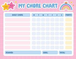 Chore chart for kids. Weekly planner, reward chart for children. Daily toddler routine tracker. Responsibility Chart. To Do List. School Routine, Behavior Chart, Consequences, Daily Checklist vector