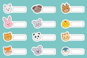 Name tags for kids. Name cards, labels, stickers for kids, toddlers, baby. Kids clothes stickers, lunchbox tag with cute animals. Animals shaped notepads, memo pad, flag markers for school stationery. vector