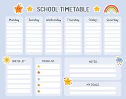 School timetable for kids. Weekly planner. Printable schedule for kids design template. Back to school planner. Cute planner for kids daily routine tracking with daily plans, notes, goals, to do list. vector