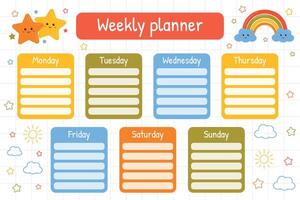 Weekly planner for kids, school timetable printable template. Kids schedule for planning children daily routine, lessons, classes, hobbies. Back to school planner with rainbows and stars. vector