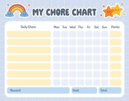 Chore chart for kids. Daily kids routine tracker. School Routine, Behavior Chart, Consequences, Daily tasks Checklist. Reward chart. Printable chore chart template for preschoolers, kindergarteners. vector