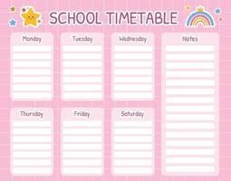 School timetable. Weekly planner for kids printable template. Kids schedule for planning children daily routine, lessons, classes, hobbies, notes. Back to school planner with rainbows and stars. vector