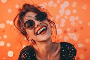 AI generated 30-40 years old woman laughing on sparkle peach background photo