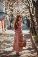 ai generado hermosa joven mujer con rojo pelo en un rosado vestir sostiene un Pascua de Resurrección cesta en su manos en el calle foto