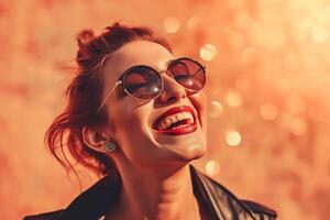 AI generated 30-40 years old woman laughing on sparkle peach background photo