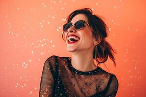 AI generated 30-40 years old woman laughing on sparkle peach background photo