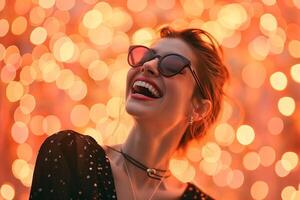 AI generated 30-40 years old woman laughing on sparkle peach background photo