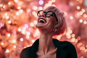 AI generated 30-40 years old woman laughing on sparkle peach background photo