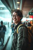 ai generado joven hombre a el aeropuerto foto