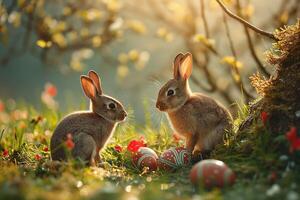 AI generated Multi-colored Easter eggs with the Easter bunny in nature photo