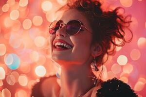 AI generated 30-40 years old woman laughing on sparkle peach background photo