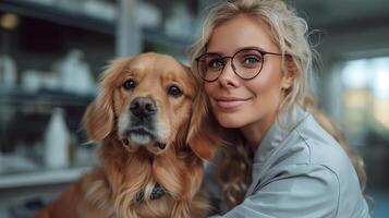 ai generado veterinario en un veterinario clínica con perro foto