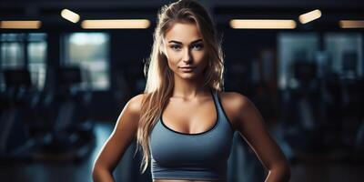 AI generated Fit sporty woman girl female athlete at gym background in good shape and sport outfit. Portrait face with photo