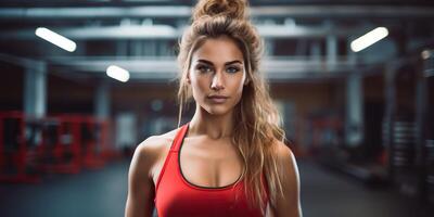 AI generated Fit sporty woman girl female athlete at gym background in good shape and sport outfit. Portrait face with photo