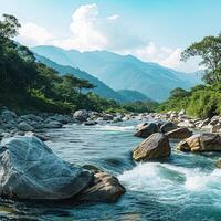 AI generated A river next to mountains photo