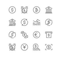 Set of currency related icons, exchange, investment, bank deposit, financial forecast, change graph and linear variety vectors. vector