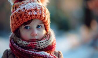 ai generado un niño vestido en invierno para su invierno foto sesión. generado por artificial inteligencia.