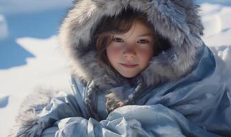 AI generated A child dressed in winter for her winter photo session. Generated by artificial intelligence.