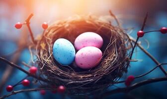 AI generated Easter eggs in the nest on a colorful background. Generated by artificial intelligence. photo