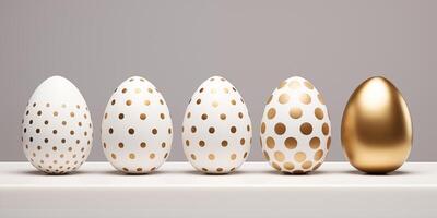 Five white and gold painted eggs. Generated by artificial intelligence. photo