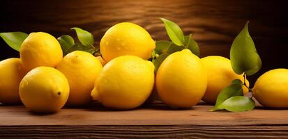 ai generado maduro amarillo limones de cerca en el antecedentes de el de madera mesa. ai generativo foto