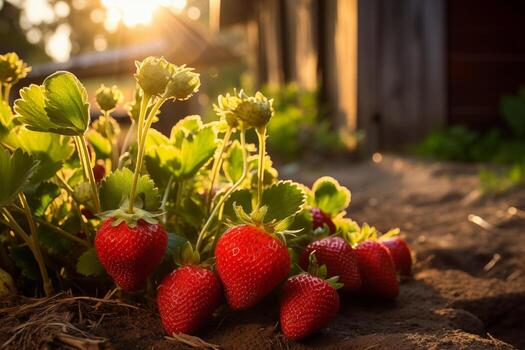 ai generado maduro fresas en un cama en un soleado día. generativo artificial inteligencia. ai generativo foto