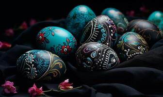 AI generated Colorful easter eggs on the black table on a cloth. Generated by artificial intelligence. photo