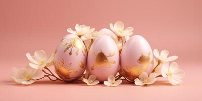 AI generated White eggs with golden pattern and white flowers on a pink background. Created by artificial intelligence photo
