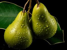 AI generated Fresh healthy and organic green pears with drops of water. Close up. Generative AI. photo