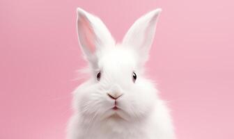 AI generated Cute fluffy white rabbit on a pink background. Generated by artificial intelligence. photo