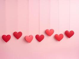 AI generated Hearts made of paper suspended on a string against a pink backdrop. AI Generative photo