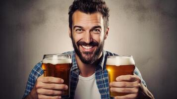 ai generado sonriente contento hombre con dos lentes de diferente cerveza foto