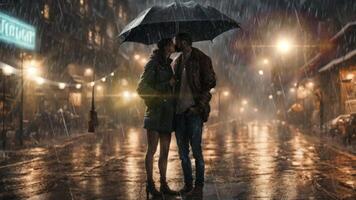 AI generated Silhouette romantic couple in the rain 4K video looping