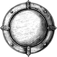 AI generated circle shape shield element with old engraving style vector