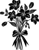 AI generated Silhouette spring flower bouquet tied with ribbon black color only vector