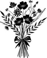 AI generated Silhouette spring flower bouquet tied with ribbon black color only vector