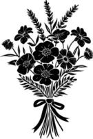 AI generated Silhouette spring flower bouquet tied with ribbon black color only vector