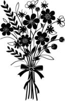 AI generated Silhouette spring flower bouquet tied with ribbon black color only vector